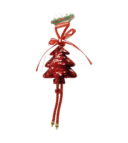 Ornament de brad pom de craciun cu paiete, Flippy, rosu, lemn, 25 cm