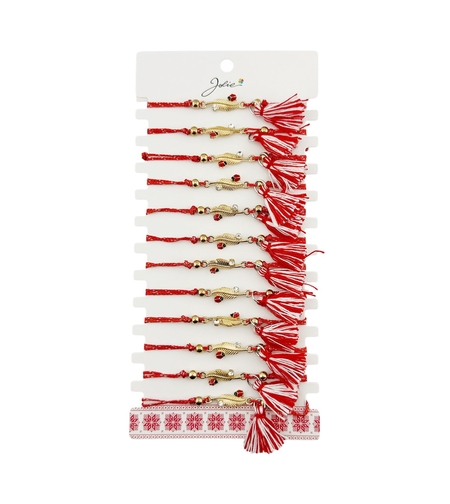 Martisor Bratara cu Ciucure pentru Dama, Jolie, Model Pana cu Buburuza, Set 12 bucati, Pandativ din Inox cu Piatra, Snur Reglabil, Rosu/Alb