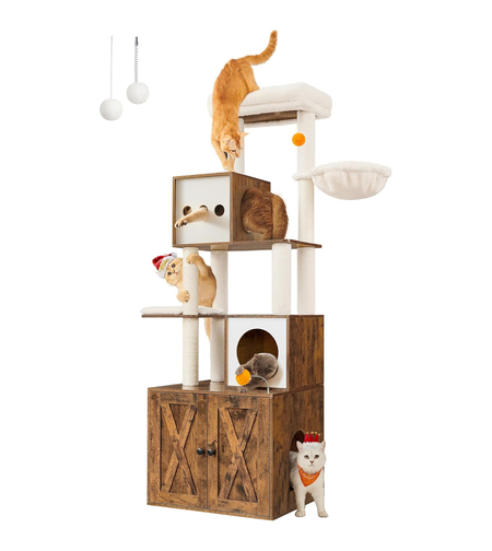 FEANDREA Ansamblu pentru pisici din PAL, plus si sisal, cu dulap litiera, 185 cm, platforme multiple, perne lavabile, maro rustic