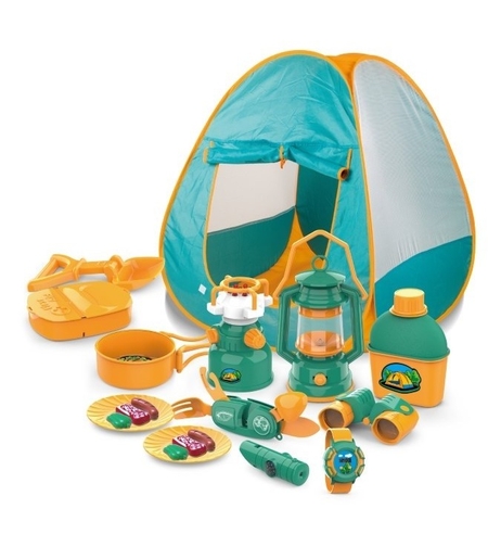 Set camping exterior/interior pentru copii, 7 accesorii cu tematica si cort, multicolor