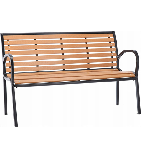 Banca de gradina cu cadru metalic, sezut si spatar rezistent din PVC imitatie lemn, 125x60x80 cm, maro