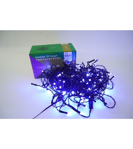 Instalatie de Craciun Flippy® Tip Turturi, Franjuri cu Flash, Sectiune 5 m, 143 LED-uri, Interconectabila, Fir Negru, Albastru,Fara transformator
