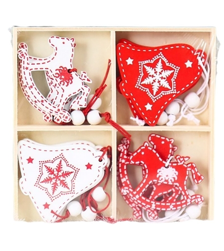 Set 12 Decoratiuni de Craciun din Lemn, Flippy, cu Snur pentru Agatare in Brad, Model Caluti si Clopotei, Alb-Rosu