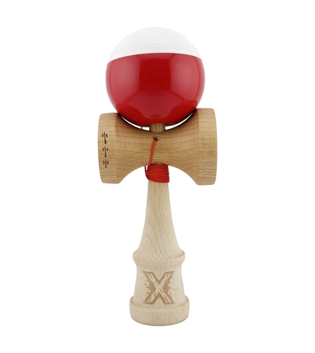 Kendama X Originala, Profesionala, Flippy, Big Cups V2, Super Sticky cu Cupe Mari, Rulment Metalic, din lemn 18 cm, Ata 55 cm, Alb/Rosu
