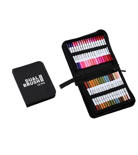 Set Carioci pe Baza de Apa, Flippy, 2 in 1, pentru Pictura, Caligrafie, 100 Culori, Penar Negru, Corp Carioca Alb, 23.5 x 19.5 x 7.5 cm, Multicolor