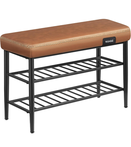VASAGLE Banca pantofi 80x30x50 cm, cu rafturi si sezut tapitat, otel si piele PU, maro caramel