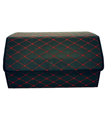 Cutie de Depozitare Auto, Flippy, Organizator Premium Portbagaj, Geanta Multifunctionala, Piele Ecologica, 2 Compartimente Depozitare, Pliabil si Rezistent la Uzura, Negru/Rosu, 55 x 30 x 30cm