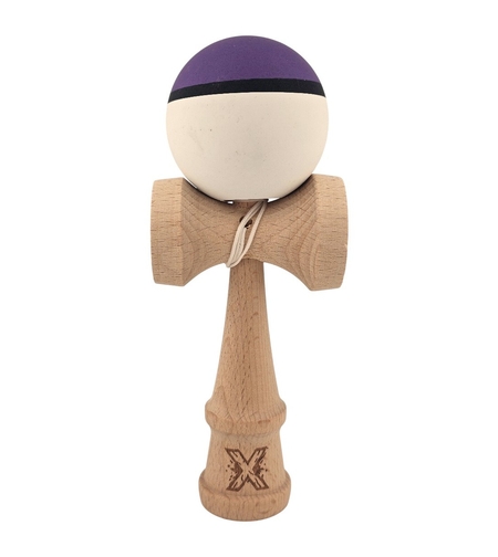 Kendama X Originala, Profesionala, Flippy, din Lemn, Rubber Grip, 18 cm, Mov/Negru/Alb