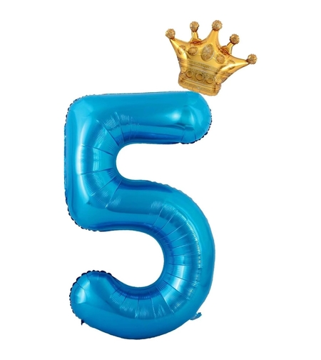 Balon din Folie Metalizata Flippy, Figurina Cifra si Coroana, Tema Aniversare 100 cm, Ambalaj Individual, Pai inclus, Umflare cu Aer sau Heliu, Albastru, Cifra 5
