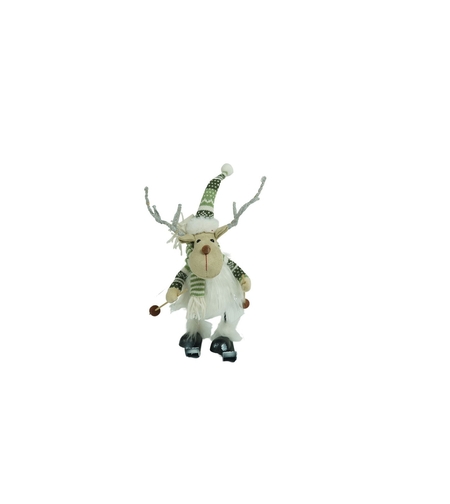 Ornament de Craciun ren pe schiuri, Flippy, alb/verde, textil, 33 cm