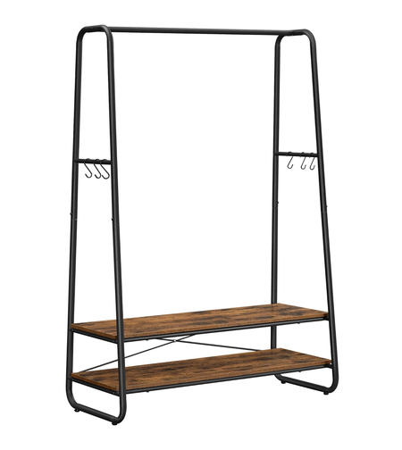 VASAGLE Raft pentru haine cu suport pentru pantofi, 2 polite, 6 carlige laterale, 45x100x160cm, maro rustic