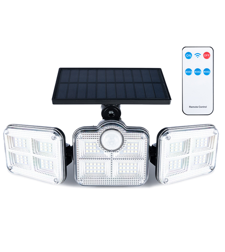Proiector LED solar modular cu 3 lampi, senzor de miscare, 122LED-uri, cu telecomanda