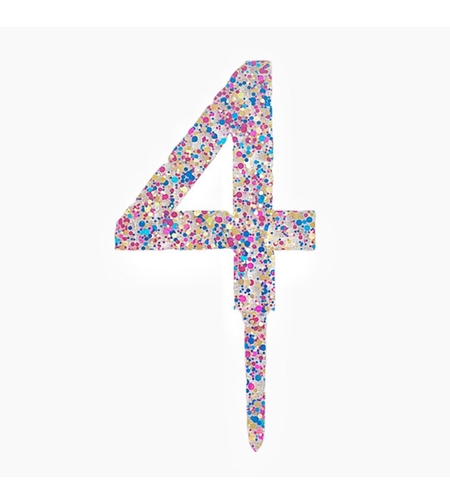 Decoratiune Topper pentru Tort, Flippy, din Acrilic cu Fulgi de Sclipici, Model Cifra 4, Inaltime 18.5 cm, Transparent Multicolor