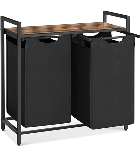 VASAGLE Cos de rufe, 2 compartimente, saci de rufe detasabili, raft, cadru metalic, 2x46L, 73x33x72 cm, maro rustic si negru