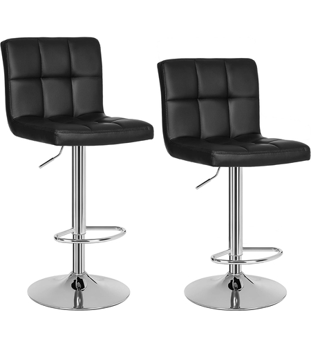 SONGMICS Set 2 scaune bar reglabile pe inaltime, cu spatar, sezut PU si suport picioare, rotatie 360°, 38x45x115 cm, negru