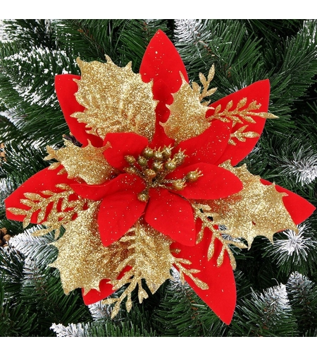 Set 10 ornamente pentru bradul de Craciun, stea Poinsettia, 14cm, rosu auriu