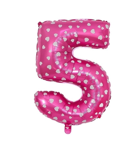 Balon din Folie Metalizata Flippy, Figurina Cifra, Imprimeu Inimi, Tema Aniversare 80 cm, Ambalaj Individual, Pai inclus, Umflare cu Aer sau Heliu, Roz, Cifra 5