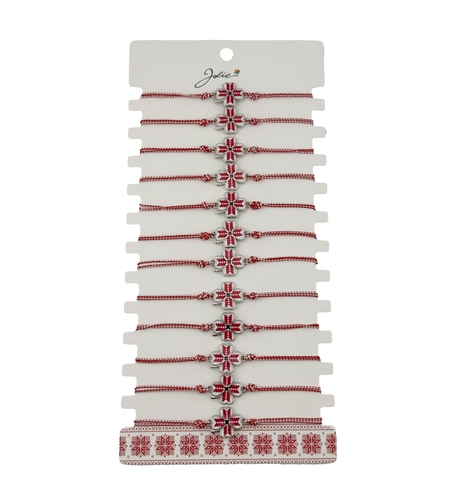 Bratara Martisor pentru Dama, Jolie, Model Trifoi, Set 12 bucati, Pandativ din Aliaj cu Print Traditional, Snur Ajustabil Impletit, Alb/Rosu