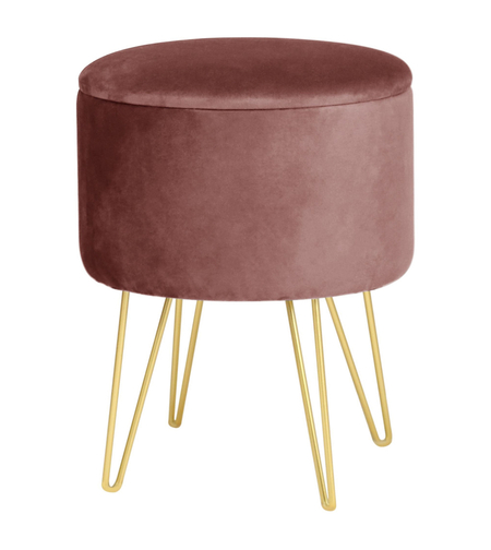 Taburet tapitat rotund Lili cu spatiu de depozitare, velur, 35x35x45 cm, roz