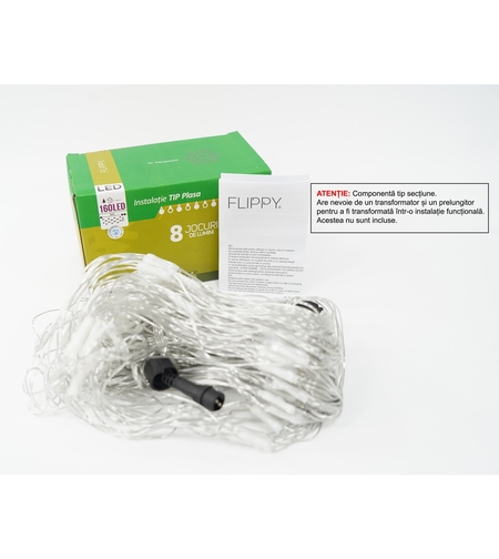 Sectiune Instalatie de Craciun Vafy, Tip Plasa, 160 LED-uri, 3 m x 1 m, 8 jocuri de lumini, Interconectabila, Fir transparent, Alb rece
