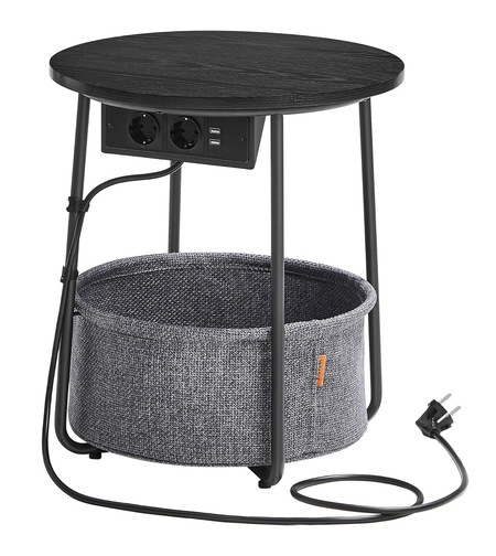 VASAGLE Masuta de cafea rotunda cu cos de stofa, statie de incarcare 2 prize si 2 USB, 45x50cm, negru