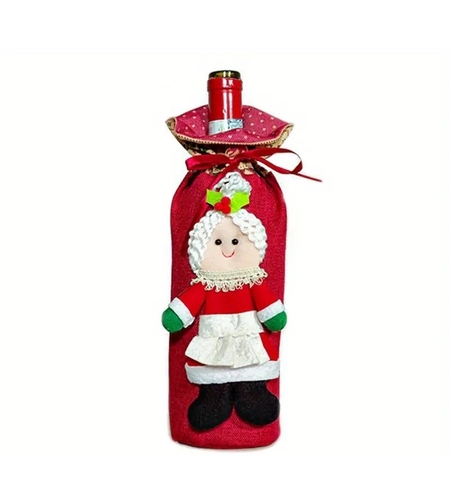 Decoratiune pentru Sticla de Vin, Flippy, Tema Craciun, Model Doamna Craciun, 14 x 29 cm, Rosu