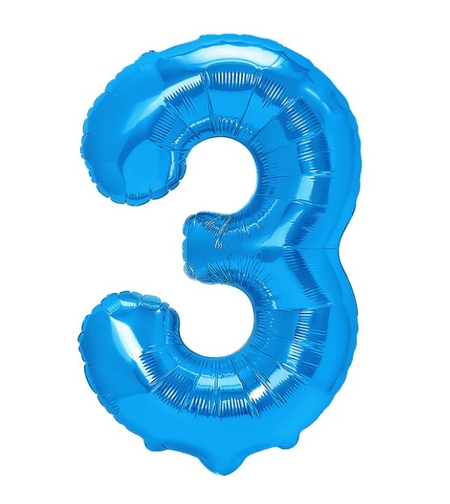 Balon din Folie Metalizata Flippy, Figurina Cifra, Tema Aniversare 40 cm, Ambalaj Individual, Pai inclus, Umflare cu Aer sau Heliu, Albastru, Cifra 3