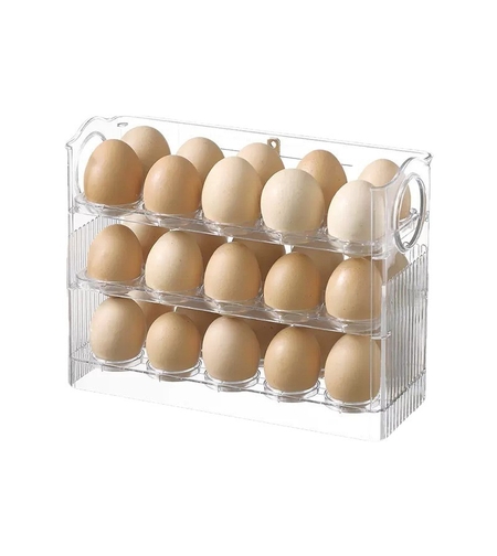 Suport Organizator pentru Oua, Vafy, Capacitate 30 Oua, Pentru Usa Frigiderului, 3 Straturi, din Plastic, Transparent