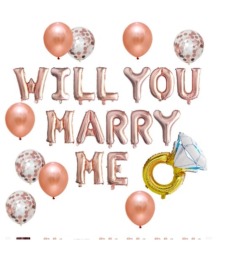 Set baloane decorative WILL YOU MARRY ME, Flippy, set din 12 piese, 10 baloane latex, 1 set Marry me, 1 balon folie inel, Rose Gold