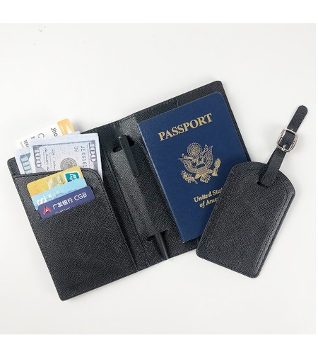 Portofel pentru Pasaport si Carduri, Vafy, 23x16 cm, 70g, din Piele PU, Suport Pix, Accesoriu Suport Eticheta, Unisex, Multifunctional, Negru