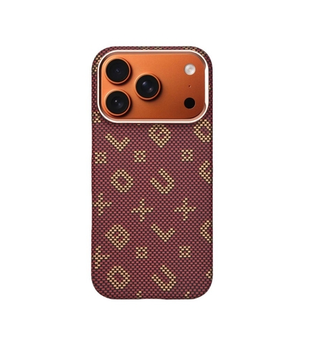 Carcasa Magnetica, Vafy, Compatibila Apple iPhone 17 Pro, din Fibra de Carbon, Litere Fosforescente, Maro