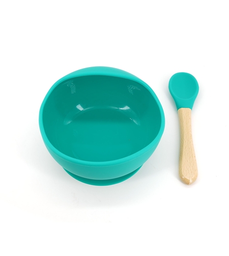 Set 2 piese diversificare bebelusi si copii din silicon Flippy, bol cu ventuza, lingurita din lemn si silicon, pentru gustari, fara alergeni, verde