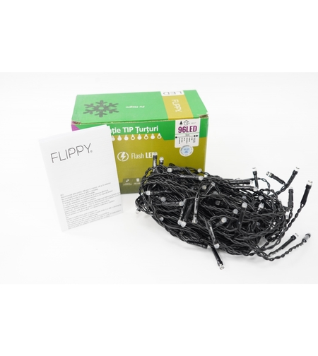 Instalatie de Craciun Flippy® Tip Turturi, Franjuri cu Flash, Sectiune 3 m, 96 LED-uri, Interconectabila, Fir Negru, Alb Rece