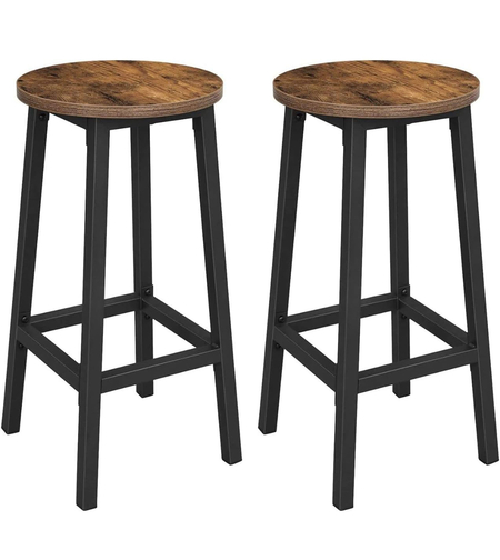 VASAGLE Set 2 scaune bar inalte, sezut rotund, cadru din otel, inaltime 65 cm, stil industrial, maro rustic si negru