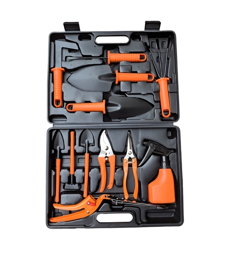 Set 12 Unelte de Gradina, Flippy, pentru Plantare Prelucrare Sol si Ingrijire Plante, Manere Portocalii, Material PVC si Cardboard, Cutie Inclusa, 37x28 cm, Negru