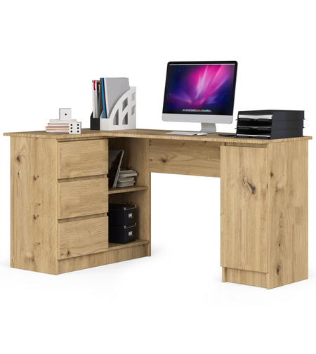 Birou colt stanga in L cu 3 sertare si rafturi, PAL laminat 16 mm, 155x85x77 cm, stejar artisan