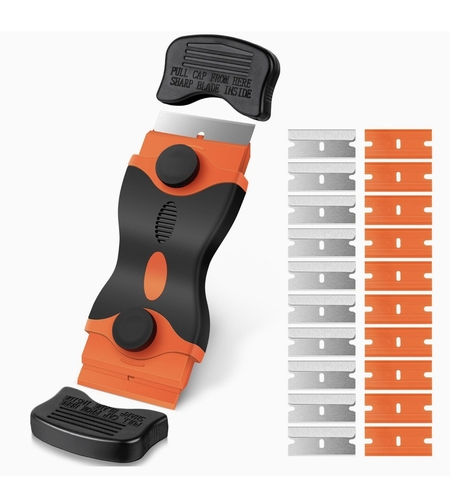 Racleta Multifunctionala pentru Curatare Sticla si Ceramica, Flippy, Design Ergonomic, Maner Anti-alunecare, Include 20 de Lame de Schimb, 12,5 x 4,5 cm, Portocaliu