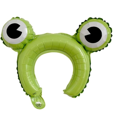 Balon din Folie Metalizata, Flippy, Tip Coronita cu Urechi, Model Broasca, Ambalaj Individual, Pai Inclus, Umflare cu Aer sau Heliu, 28 x 31 cm, Verde