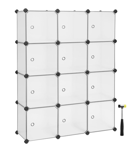 SONGMICS Unitate de depozitare cu 12 cuburi, pentru pantofi sau haine, personalizabil, 31x93x123 cm, alb transparent