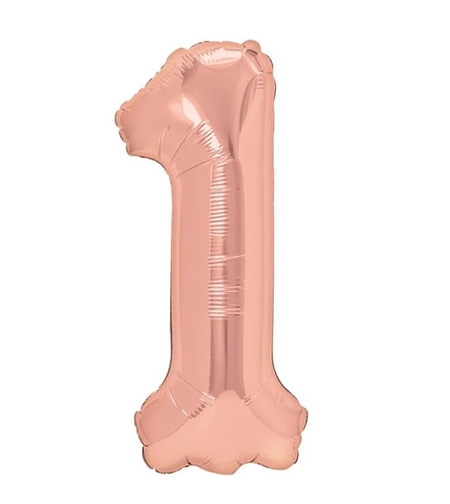 Balon din Folie Metalizata Flippy, Figurina Cifra, Tema Aniversare 40 cm, Ambalaj Individual, Pai inclus, Umflare cu Aer sau Heliu, Rose Gold, Cifra 1