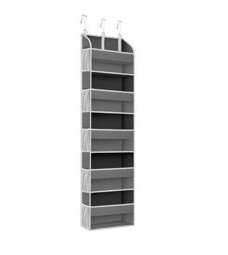 Organizator Suspendat pentru Usi, Flippy, din Nailon si Plasa, Baza de Carton Ingrosat, 5 Buzunare Principale + 10 Buzunare Laterale, 140 x 39 x 17 cm, 3 Carlige Incluse, Gri
