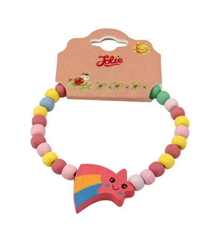 Martisor Bratara pentru Copii, Jolie, Pandativ Stea Rosie, tip Elastica cu Margele din Lemn Colorate