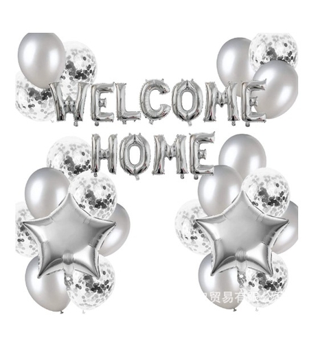 Set baloane folie si latex, Flippy, WELCOME HOME, 22 de piese, 20 baloane latex, 2 baloane stea Folie, 1 set Welcome Home, Argintiu