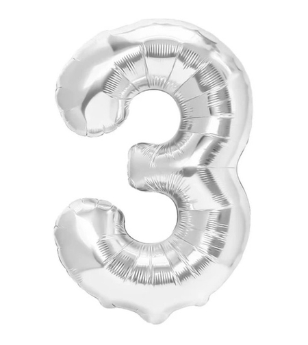 Balon din Folie Metalizata, Flippy, Figurina Cifra, Tema Aniversare 80 cm, Ambalaj Individual, Pai inclus, Umflare cu Aer sau Heliu, Argintiu, Cifra 3