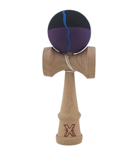 Kendama X Originala, Profesionala, Flippy, din Lemn, Rubber Grip, 18 cm, Negru/Mov/Albastru