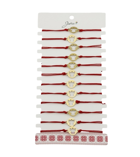 Bratara Martisor pentru Dama, Jolie, Model Inger, Set 12 bucati, Pandativ din Inox Auriu, Snur Ajustabil Impletit, Rosu