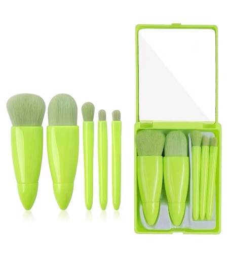 Set 5 Mini Pensule de Machiaj, Flippy, Portabile, in Carcasa cu Oglinda, din Par Sintetic Moale, Verde Lime, 12x7x2.5 cm