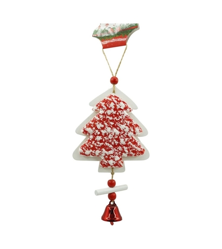 Ornament de brad pom de craciun din tweed, Flippy, alb/rosu, lemn, 18 cm