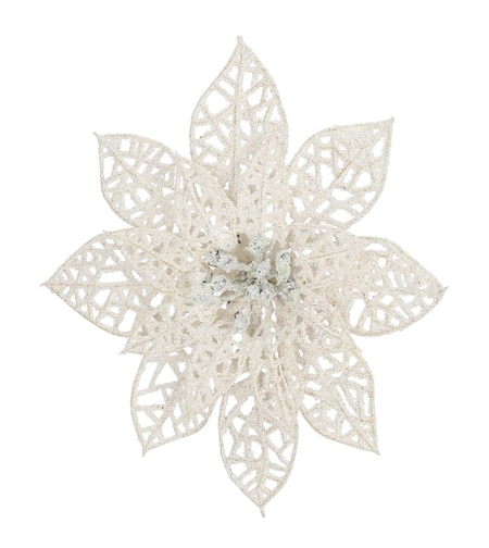 Set 10 ornamente pentru bradul de Craciun, stea Poinsettia, 14cm, alb cu sclipici