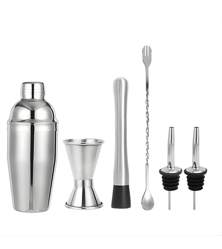 Set Barman Preparare Cocktail,Flippy, 6 Piese, Inox, Argintiu, Kit Accesorii Bar si Mixologie: Shaker750ml, Masura dubla, Pistil, Lingura barman, 2 Picuratoare